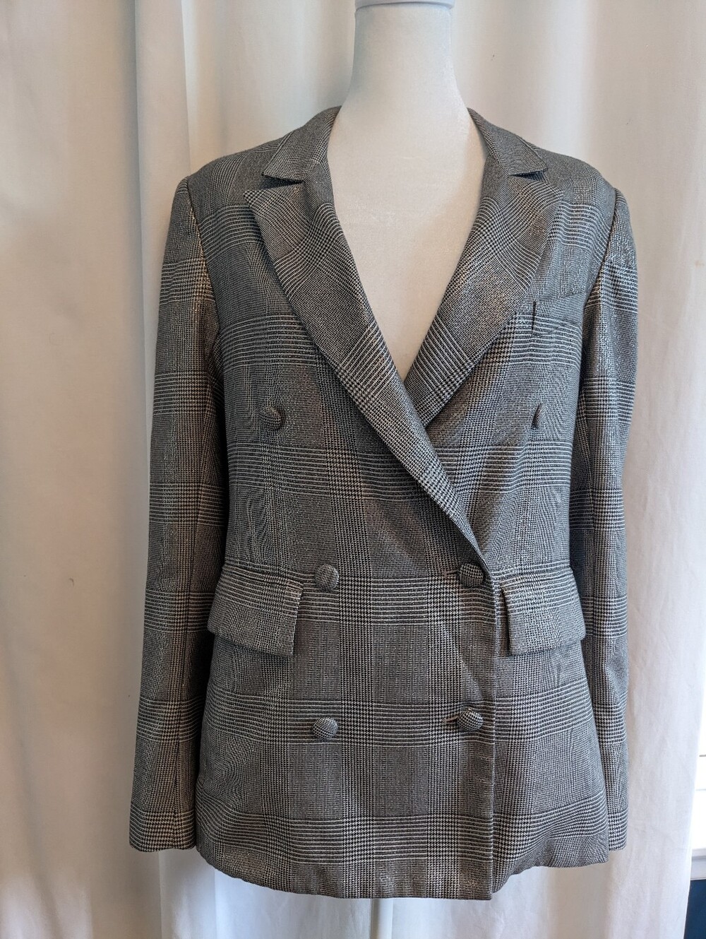 RTA Women Herringbone Double Breasted Blazer Small White Gray Jacket XSmall